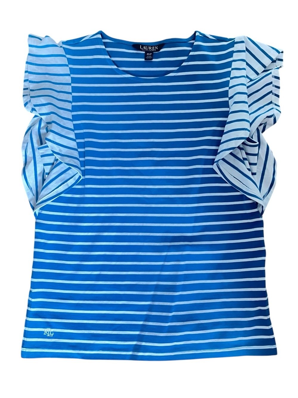 Ralph Lauren Blue & White Striped Ruffle Sleeve Tee